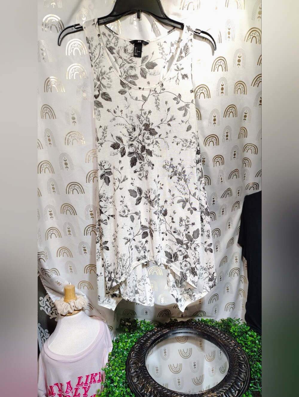 H&M White Midi Dress with Gray Floral Print